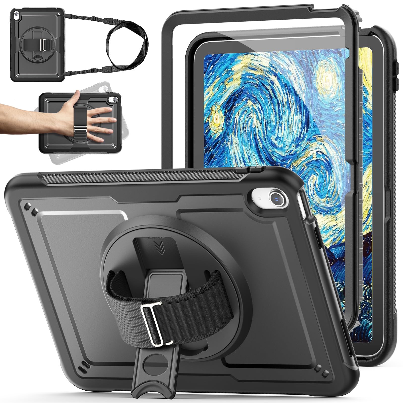 Photo 1 of KAIJIAbox Case for iPad (A16) 11th/10th Generation 10.9/11 Inch 2025/2022 with Screen Protector,360° Band Hand Strap/Stand, Back Shell Protective Cover/Pencil Holder (Black)