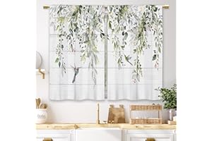 Laifzere Farmhouse Eucalyptus Kitchen Curtains Boho Rustic Foral Flower Botanical Sage Green Leaf Small Short Cafe Window Curtains Plant Bathroom Window Drapes Treatment Tier Curtains (27.5x39 Inch)