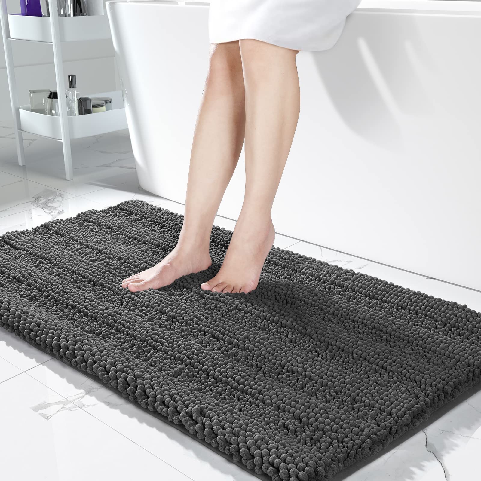 Photo 1 of Yimobra Bathroom Rug Mat 36 x 24, Non Slip and Super Absorbent Bath Mat,Machine Washable Quick Dry,Ultra Plush Chenille Shower Rugs for Bathroom Floor Sink Tub and Shower Outside,Dark Grey