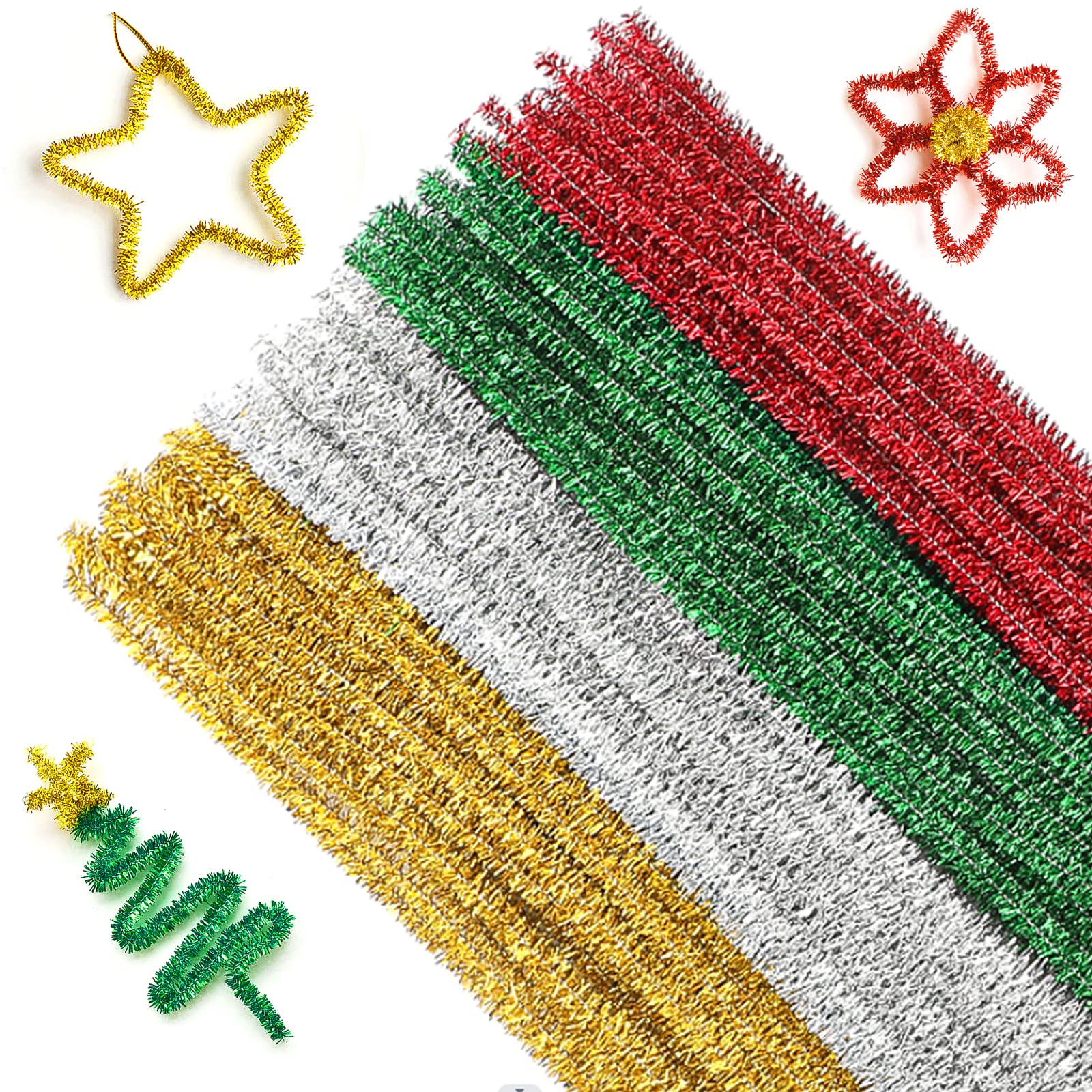 G2PLUS Glitter Pipe Cleaners - 100PCS Sparkly Craft Pipe Cleaners, 30CM, 6mm, 4 Colors for DIY Craft Projects & Christmas Ornament Making