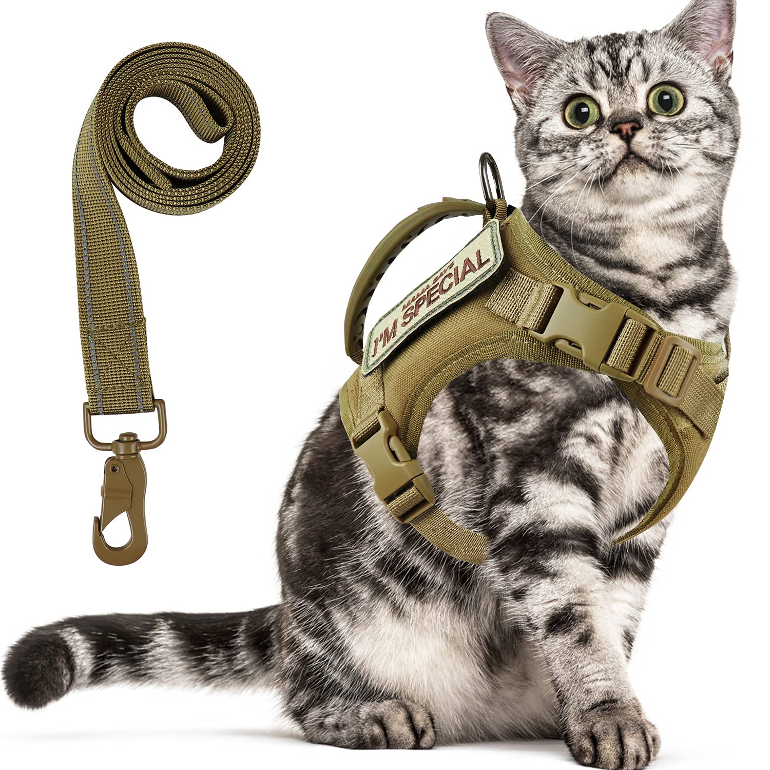 Photo 1 of Tactical Cat Harness for Walking Escape Proof, Soft Mesh Adjustable Pet Vest Harness for Large Cat, Small Dog and Khaki…