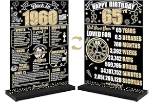 EIURTEAO 65th Birthday Decorations Back in 1960 Table Sign for Men Women, Black Gold Happy 65 Bday Two-Sided Wooden Table Poster with Stand Party Supplies, 65 Birthday Display Holder Decor for Table
