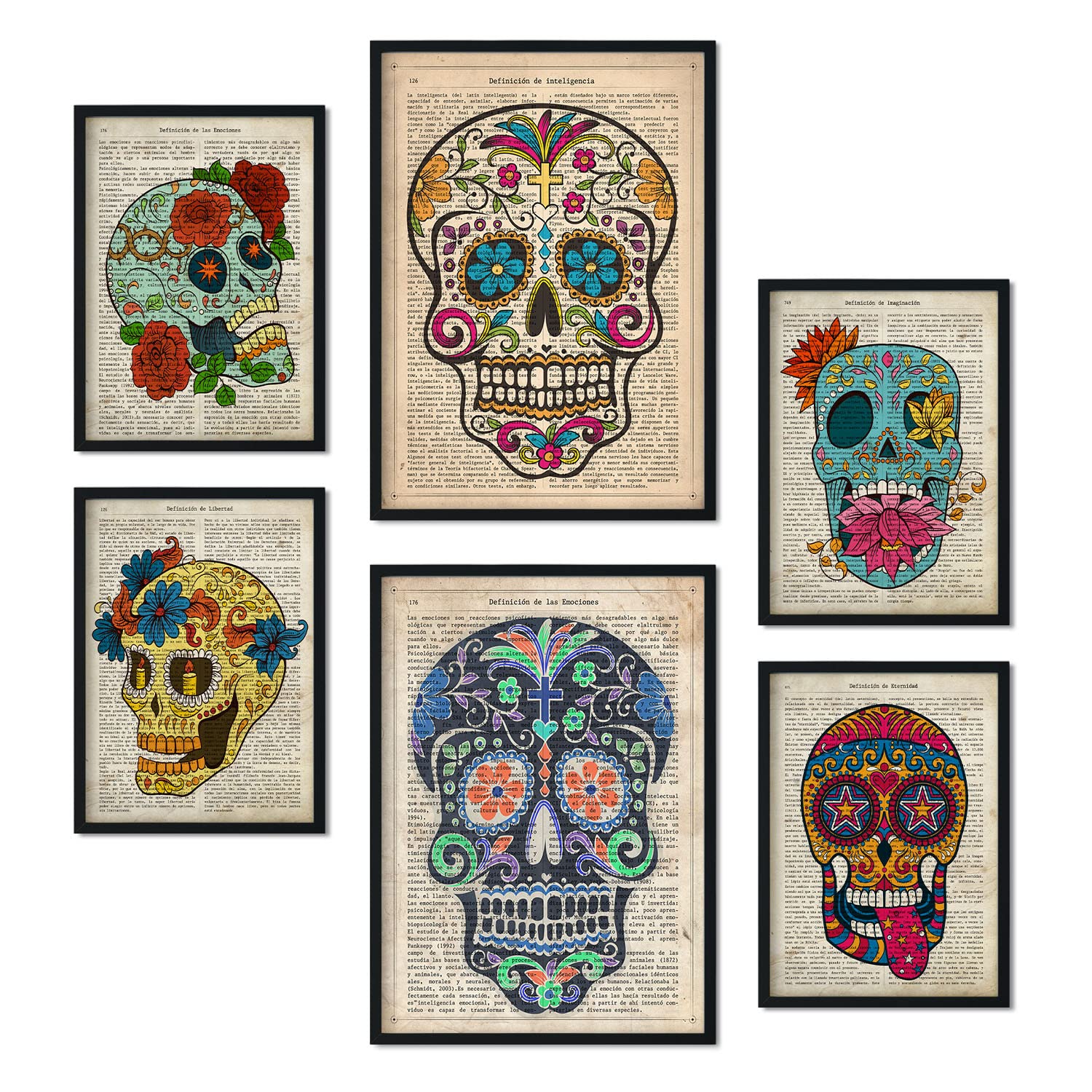 Nacnic Set of 6 Vintage skulls posters. Collection of plates with aesthetic collage for interior decoration. Sizes A3 and A4. Frameless.