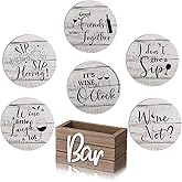 Wine Gifts Coasters for Women Set of 6 Wine Accessories for Lovers House Warming Gifts New Home Funny Cocktail Coasters with Holder for Adults Bar Party, 4 Inch(Brown)
