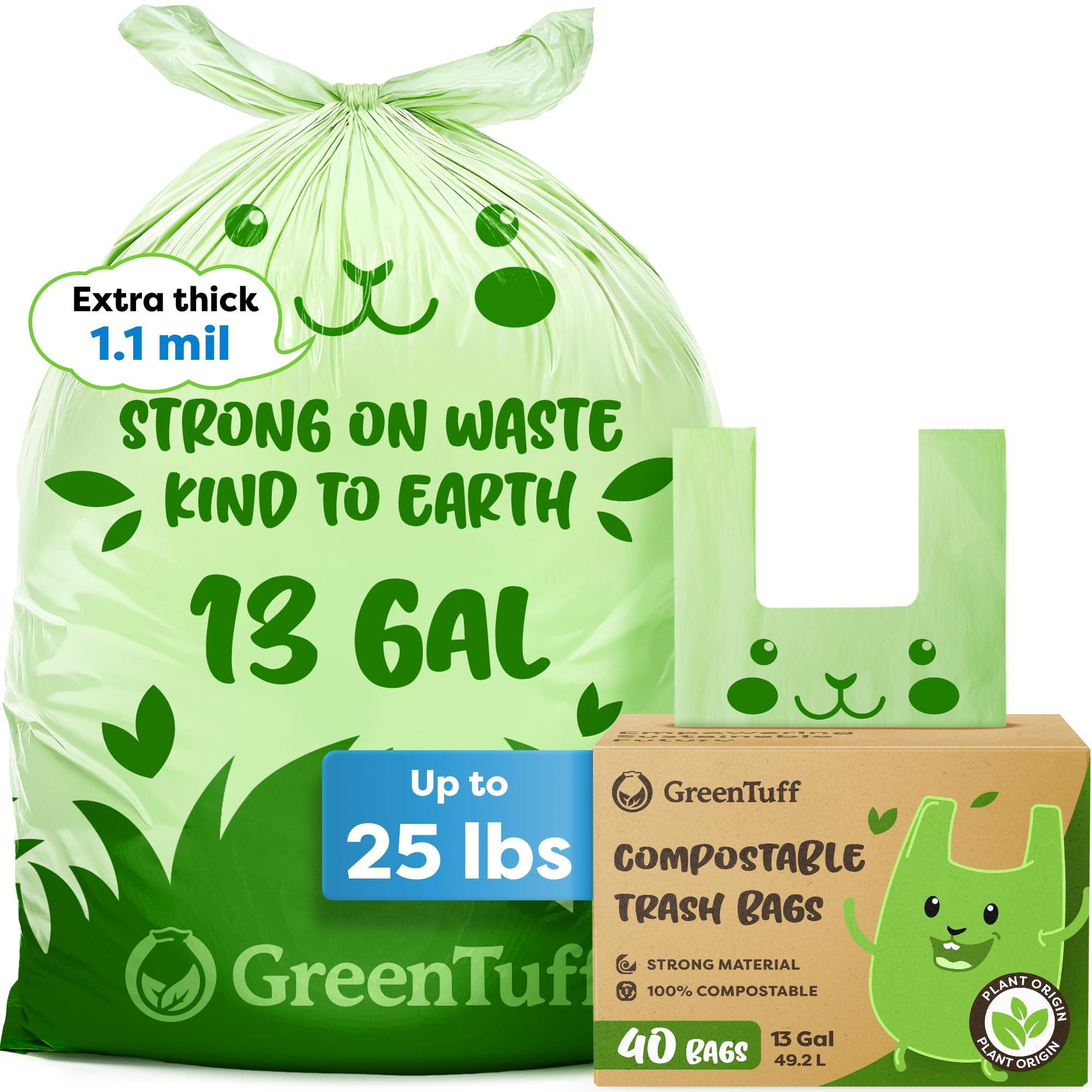 Photo 1 of 13 Gallon Compostable Trash Bags (40 Count) — Leakproof Plant-based Thick (1.1 Mil) Tall Kitchen Garbage Bags — ASTM D6400 BPI Certified — Heavy-Duty Large Food Scrap Liner Bag with Handle-Tie