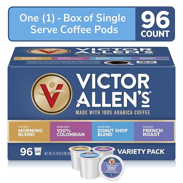 VICTOR ALLEN’S COFFEE VARIETY PACK (MORNING BLEND, 100% COLOMBIAN, DONUT SHOP BLEND, AND FRENCH ROAST), 96 COUNT, SINGLE SERVE COFFEE PODS FOR KEURIG K-CUP BREWERS