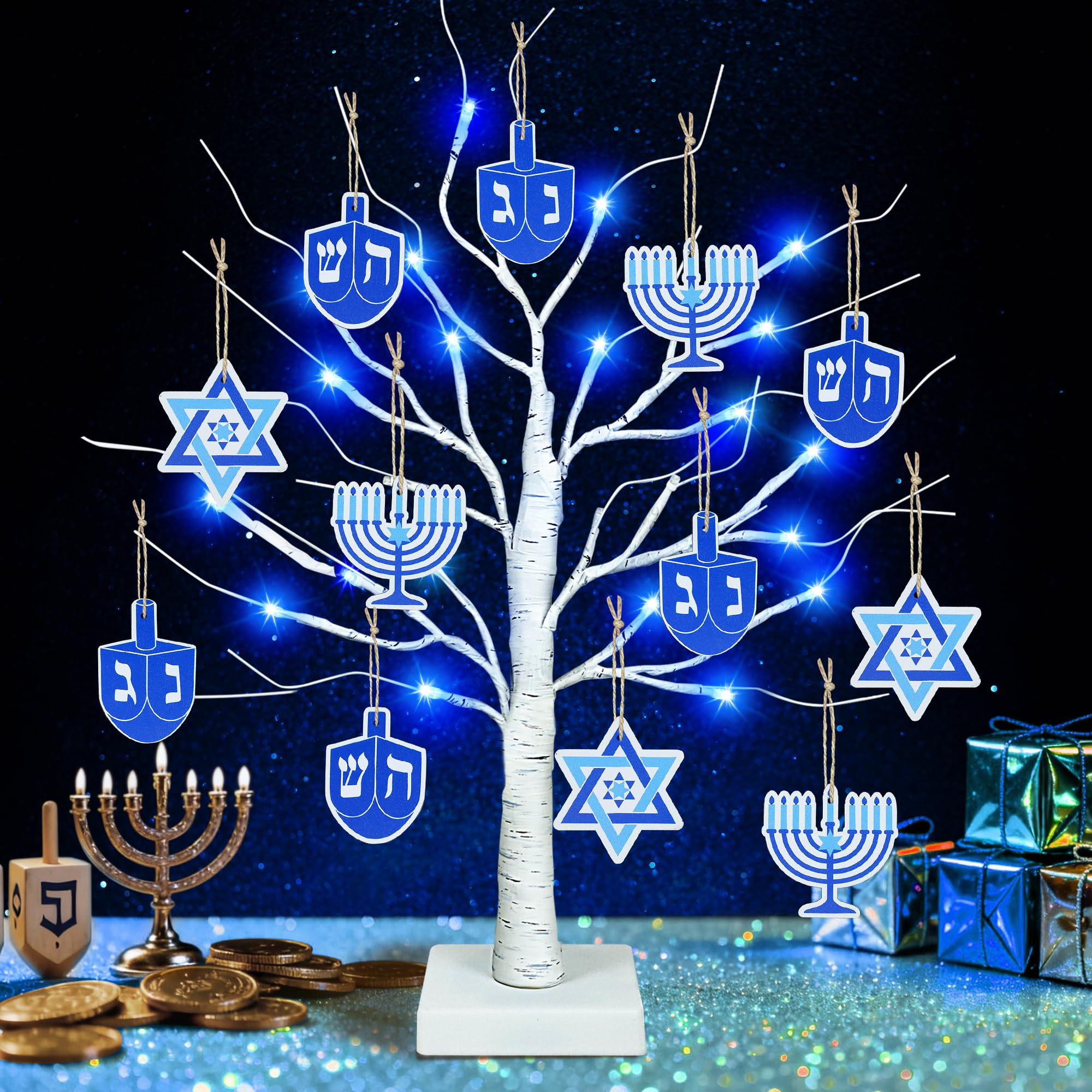 Photo 1 of [Timer] Hanukkah Decorations Indoor, 24Inch Hanukkah Birch Tree with 24 Blue Lights 12 Menorah Dreidel Star of David, USB & Battery Operated Hanukkah Table Decorations Indoor Home Party Chanukah Decor