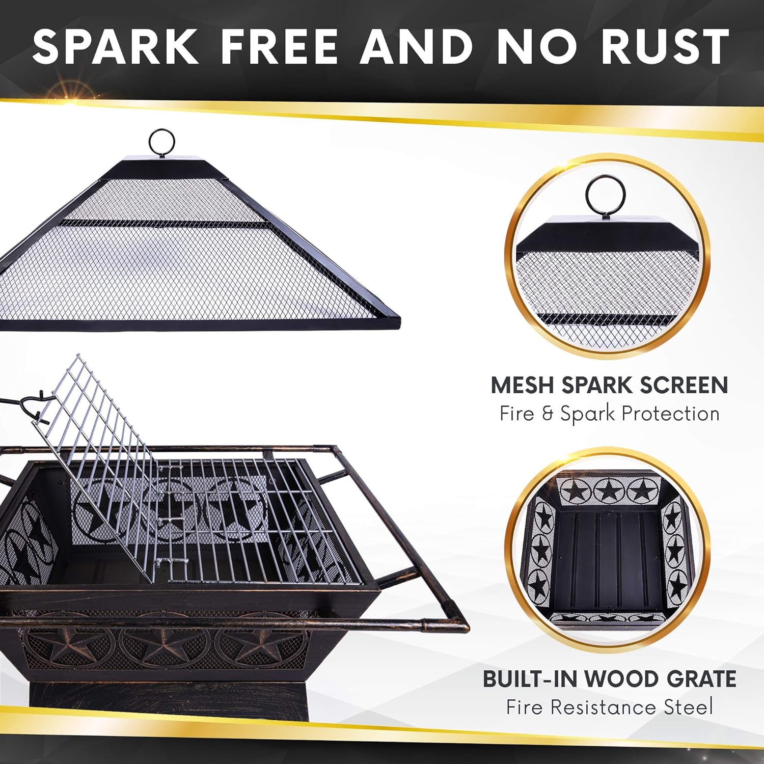 Project One Galaxy Heavy-Duty Fire Pit - 32 Inch Steel Large Square Wood Burning Patio or Backyard Firepit - Weighs 30 Pounds - Cooking Grill Grate, Spark Screen, and Fireplace Poker Included : Garden & Outdoor