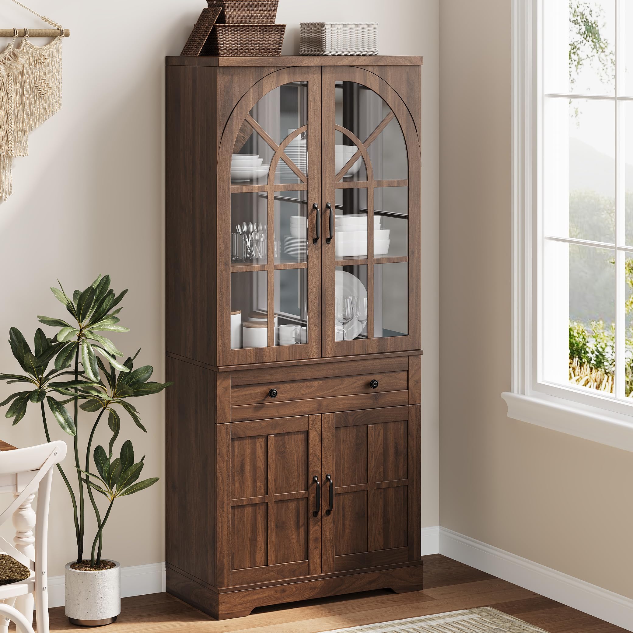 Photo 1 of Garvee Farmhouse Pantry Cabinet, 71.9" Tall Freestanding Kitchen Cabinet with Tempered Glass Doors& Anti-Tip Design for Kitchen, Dining Room & Living Room,Retro Brown