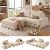 80.31" Modular Sectional Loveseat Sofa with Ottoman, 2-Seater Cloud Couch for Living Room Apartment, Deep Seat Corduroy Boneless Floor Sofas, No-Assembly L-Shaped Chaise Lounge, White
