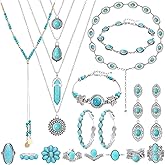 NEWITIN 20 Pieces Silver Bohemian Jewelry Set for Women Fashion Costume Jewels Turquoise Necklace Bracelet Ring Earrings Western Turquoise Jewelry Set for Women