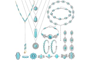 NEWITIN 20 Pieces Silver Bohemian Jewelry Set for Women Fashion Costume Jewels Turquoise Necklace Bracelet Ring Earrings Western Turquoise Jewelry Set for Women