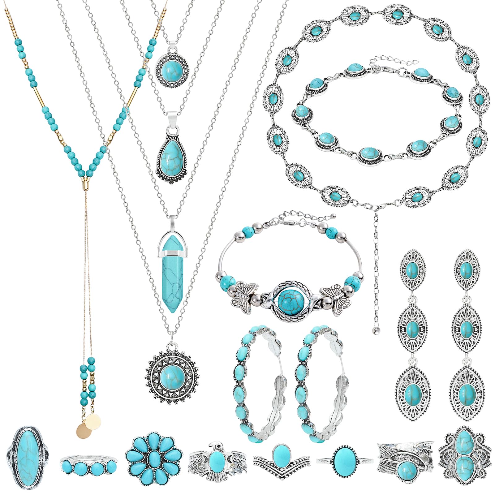 NEWITIN 20 Pieces Silver Bohemian Jewelry Set for Women Fashion Costume Jewels Turquoise Necklace Bracelet Ring Earrings Western Turquoise Jewelry Set for Women