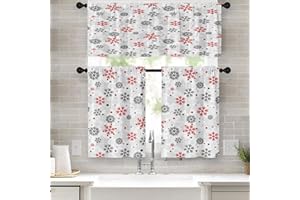 Emvency Christmas Kitchen Curtains Grey and Red Snowflake Window Curtains and Valances Set 36 Inch, Winter Short Tier Curtain for Kitchen, Small Kitchen Decor