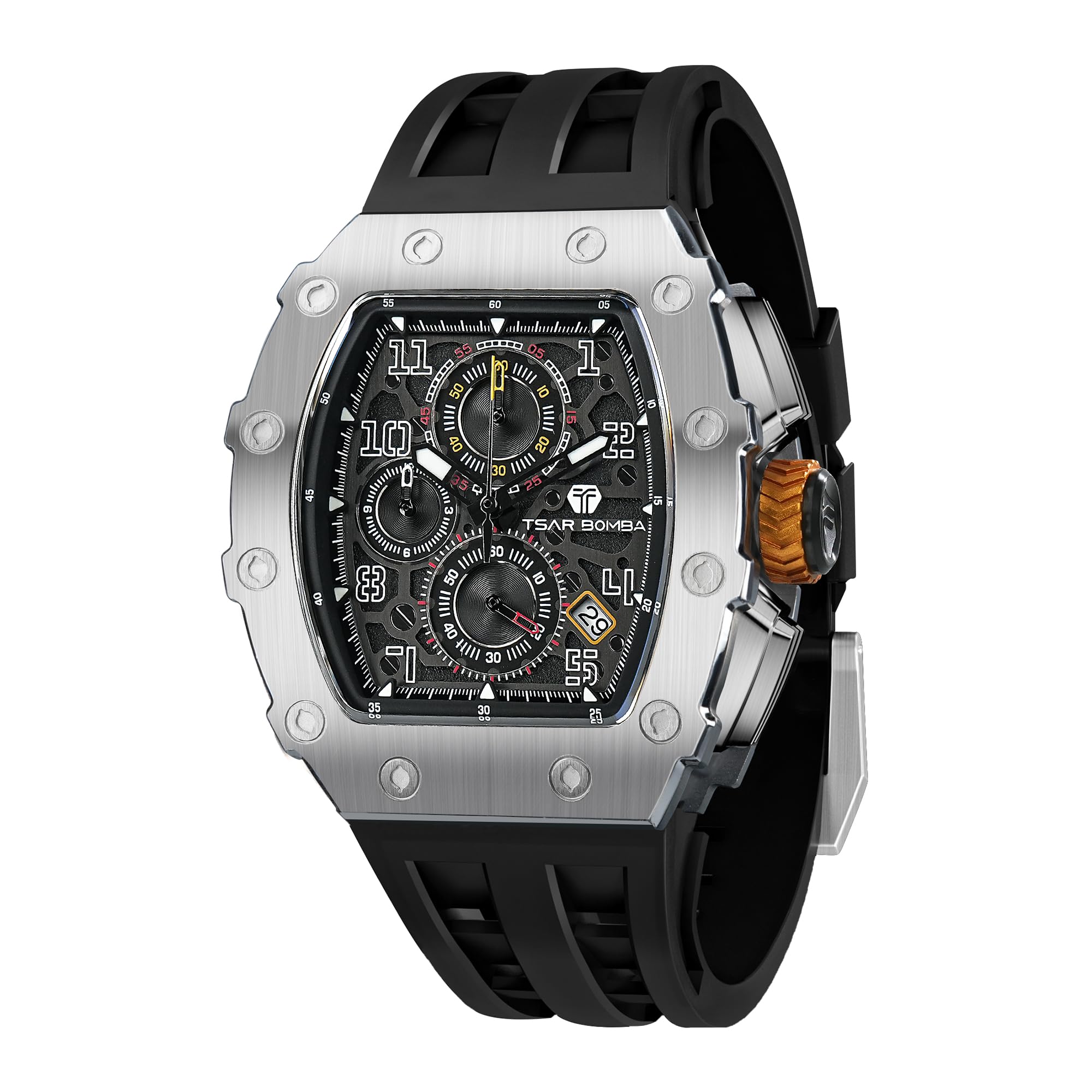 TSAR BOMBA Men’s Watch UK Wristwatches for Men 50M Waterproof Watches Men Tonneau Stainless Steel Case Sapphire Glass with Chronograph Date Function Japanese Quartz Movement Gifts Fashion Luxury
