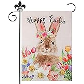 JULMELON Easter Garden Flag, Happy Easter Bunny Garden Flag 12X18 Inch Double Sided, Burlap Happy Easter Yard Flag Tulips Flowers Welcome Spring Farmhouse Signs for Outside Lawn Garden Décor