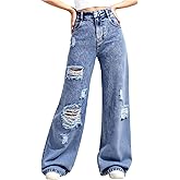 OYOANGLE Girl's Ripped Jeans Zipper Fly Distressed Wide Leg Baggy Denim Pants with Pockets Streetwear