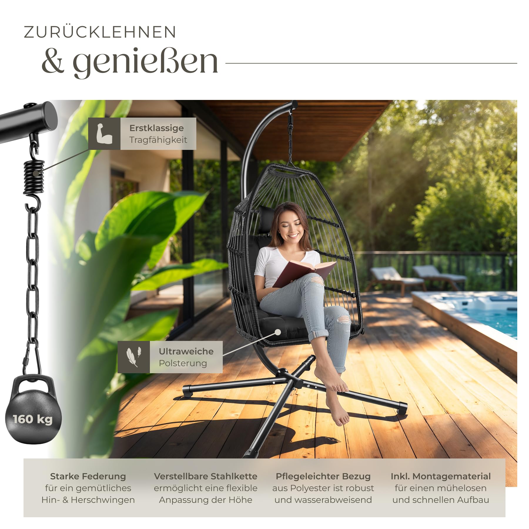 tectake® Hängesessel mit Gestell, Dicke Kissen, Möbel, Deko für Wohnzimmer, Jugendzimmer, Balkon, Outdoor oder Indoor Schaukel Sessel, Kinder & Erwachsene, belastbar bis 160kg - schwarz 4