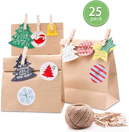 Come Confezionare Regali Di Natale.Specool Calendario Dell Avvento Sacchetti Sacchetto Regalo Di Natale Carta Kraft Marrone Per Confezionare Regali Dolci E Candys Adesivi Per Bambini Articoli Per Feste Di Natale Amazon It Casa E Cucina