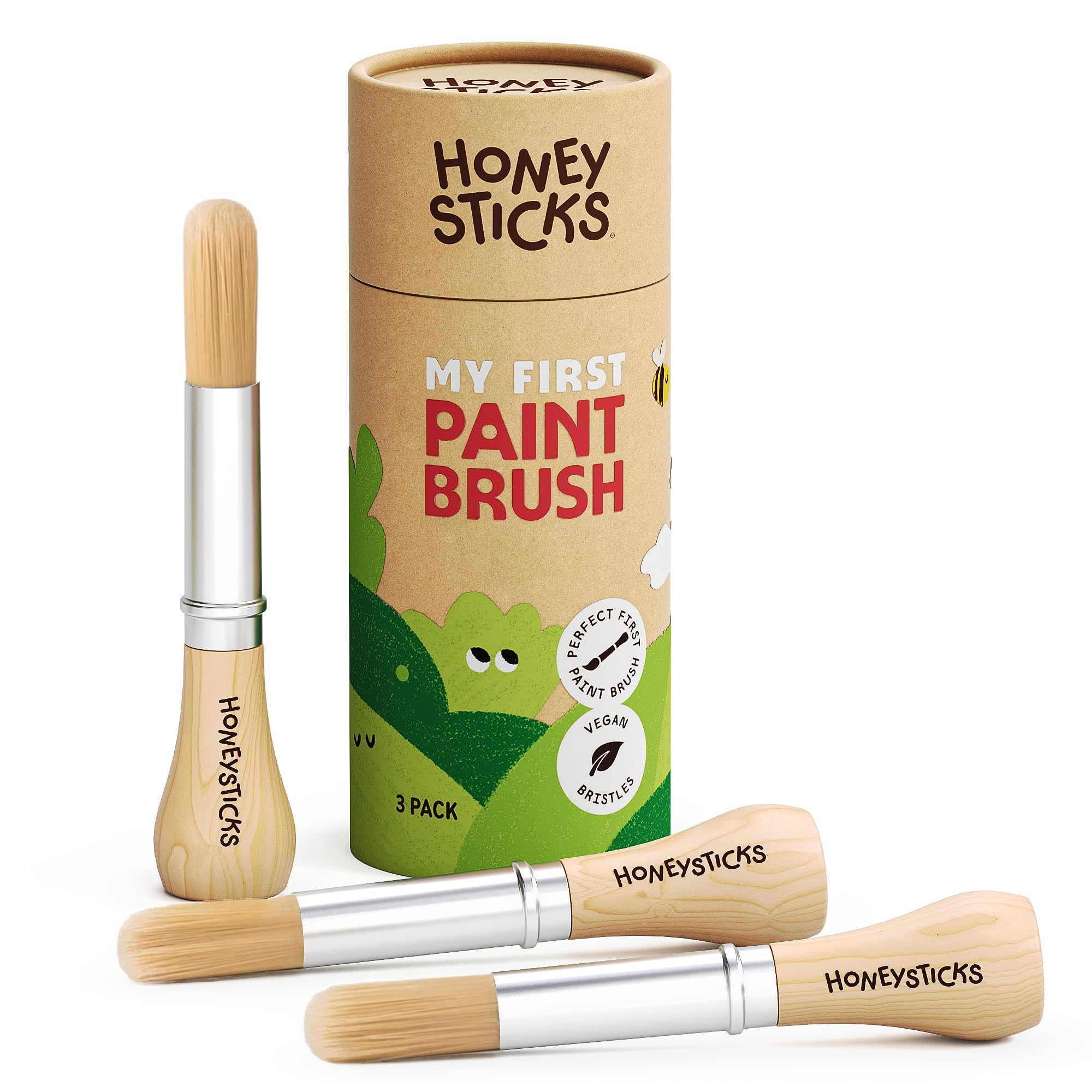 Honeysticks My First Paint Brush Set - 3 Pack: Ideal for Babies and Toddlers. Jumbo Brushes with Chubby Wood Handles for Easy Grip, Vegan. Includes Handy Storage Container
