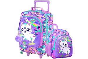 FTJCF 2Pcs Kids Suitcase for Girls, 18" Cat Carry on Luggage Set with Wheels, Cute Travel Rolling with 12" Toddler Backpack(Purple)