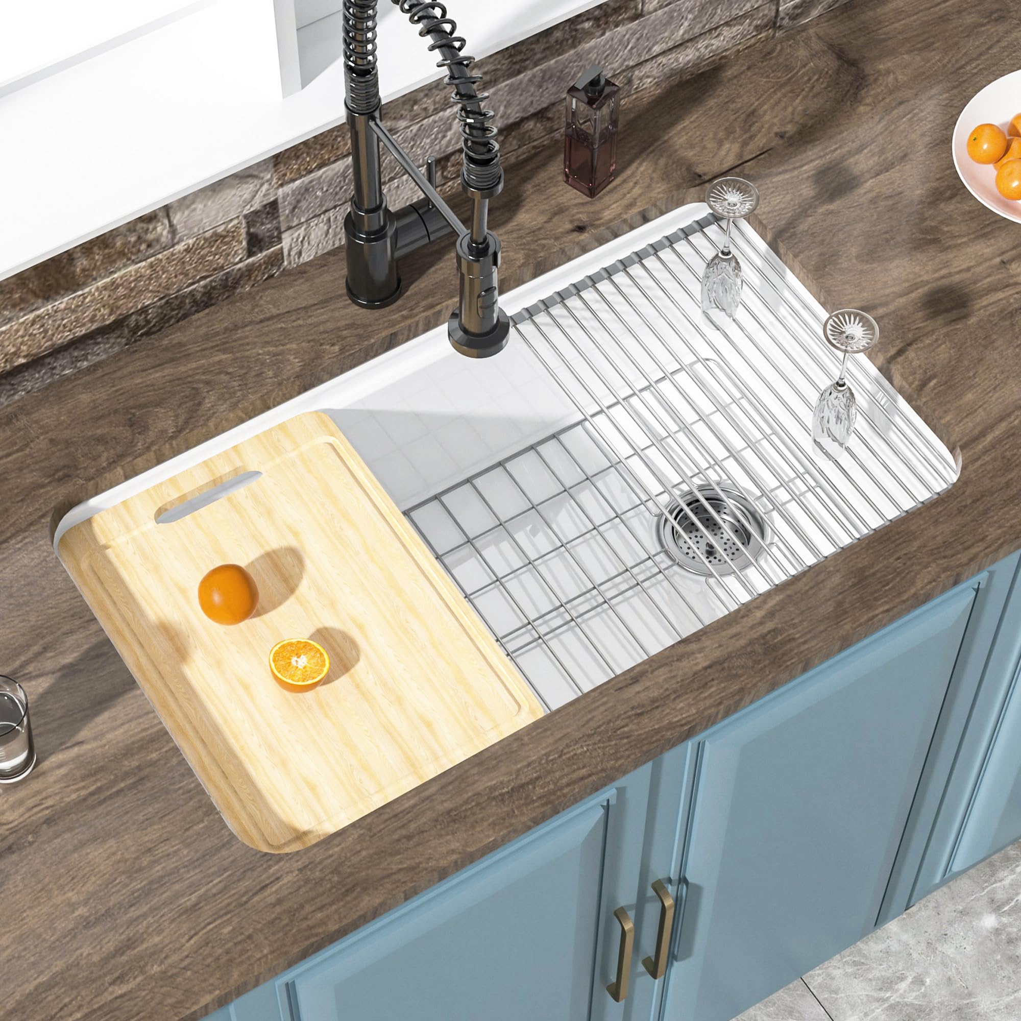Photo 1 of HOMLYLINK Undermount Workstation Kitchen Sink White 33 x 19 Inch Offset Drain, Single Bowl Topmount Fireclay Drop In Sink Reversible, Dual Mount Heavy Duty Deep Basin for Kitchen