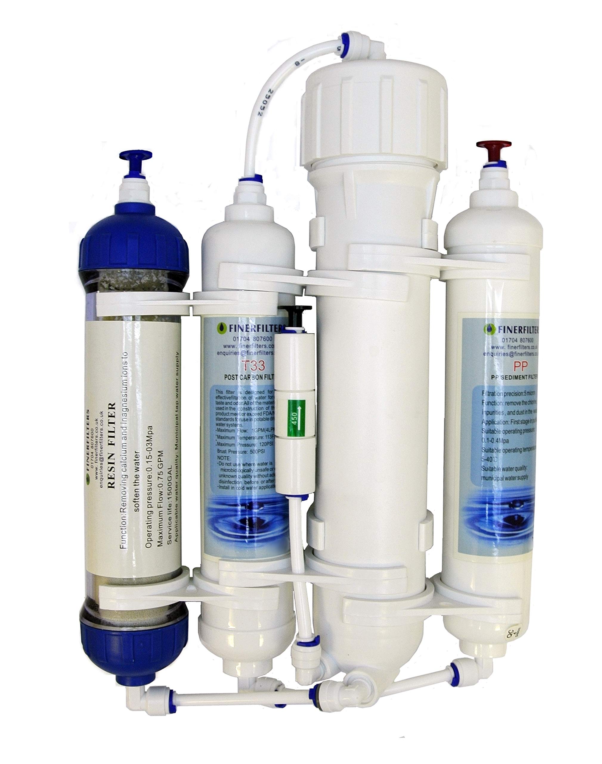 Finerfilters 4 Stage Compact RODI Reverse Osmosis Filter System with DI Resin Stage for Aquariums, suitable for Tropical/Marine/Discus Fish etc. (75 GPD)