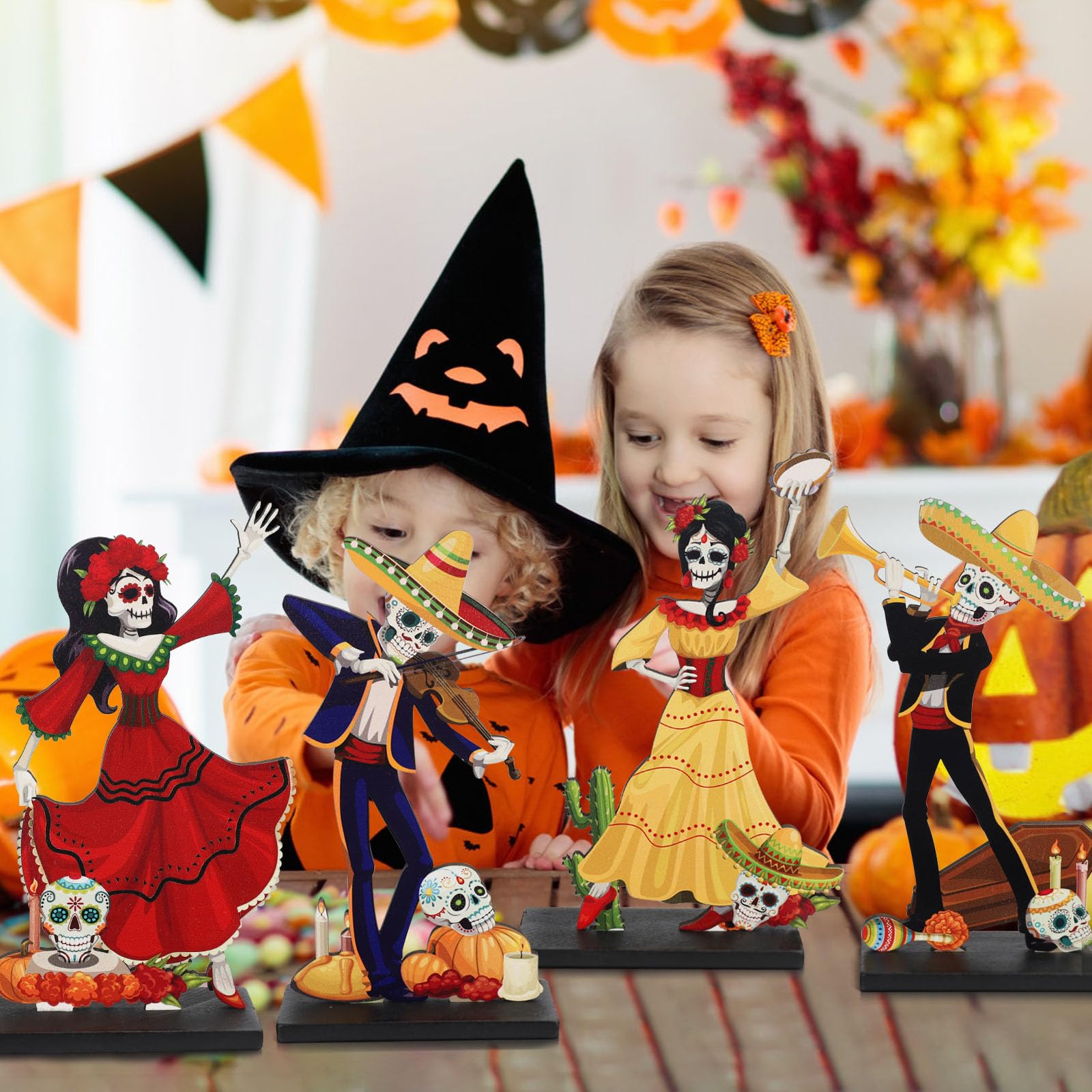 Strdfeve 4 Pieces Day of The Dead Table Top Decorations Wooden Halloween Sign for Mexican Fiesta Decorations,Dia De Los Muertos Centerpieces for Table