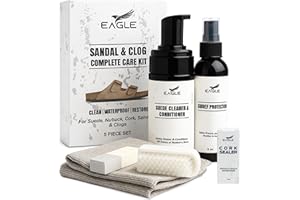 Eagle Sandal & Clog Care Kit – Compatible with Birkenstock – Suede Cleaner & Conditioner, Protector, Cork Renew, Brush, Eraser & Microfiber Cloth – 6-Piece Complete Shoe Cleaning Set