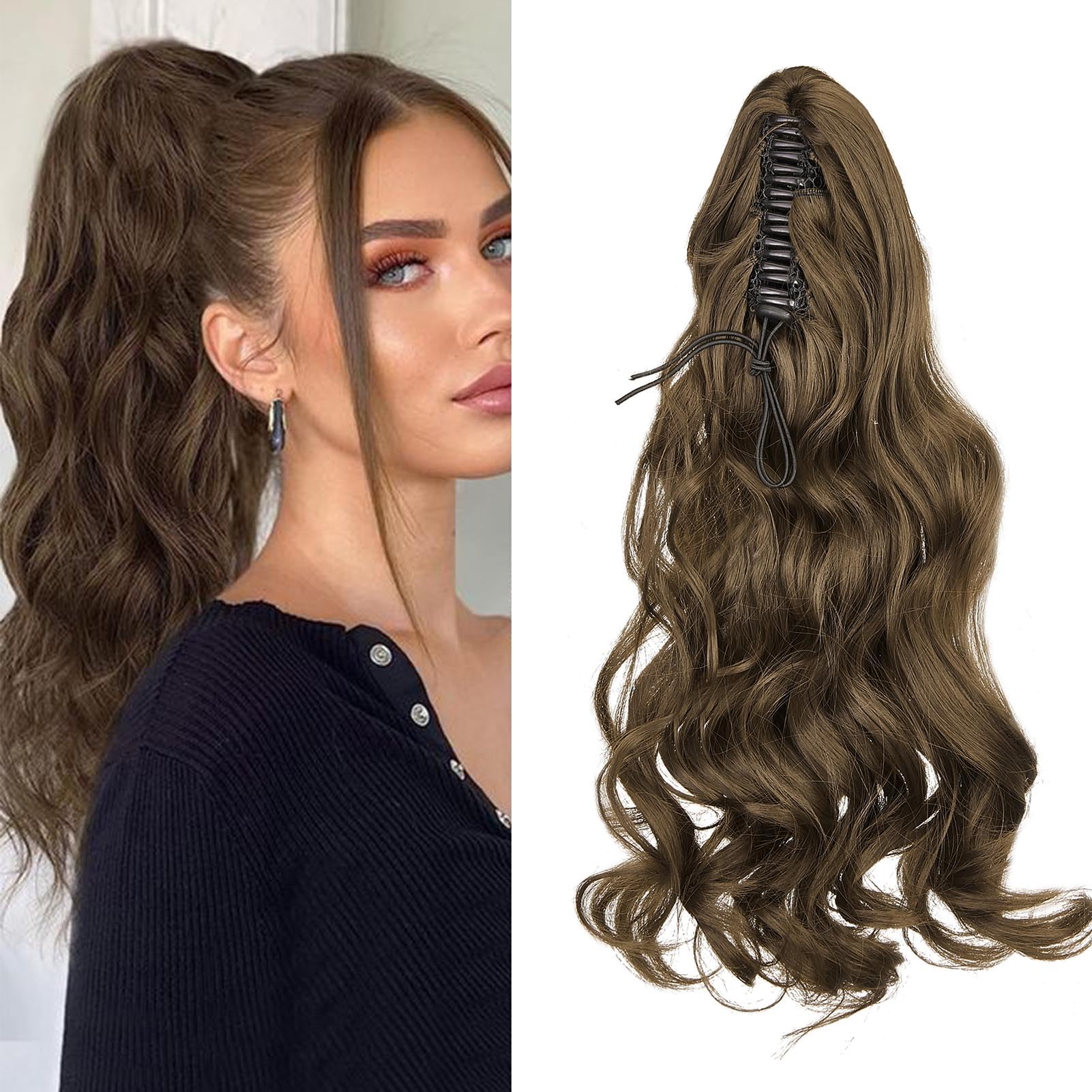 Cybelleza Ponytail Extension Curly Wavy Claw Jaw Pony Tail 18" One Piece Clip in Hair Extensions Ponytail Hairpiece Synthetic Long Natural for Women, Chestnut — image 1