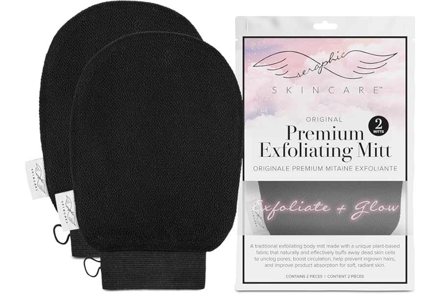 Seraphic Skincare (Original) Premium Exfoliating Mitt for Body (2pc) – 100% Vegan Viscose Traditional Body Scrub Glove Kessa Korean Washcloth – Body Exfoliator for Self-Tan Removal & Keratosis Pilaris