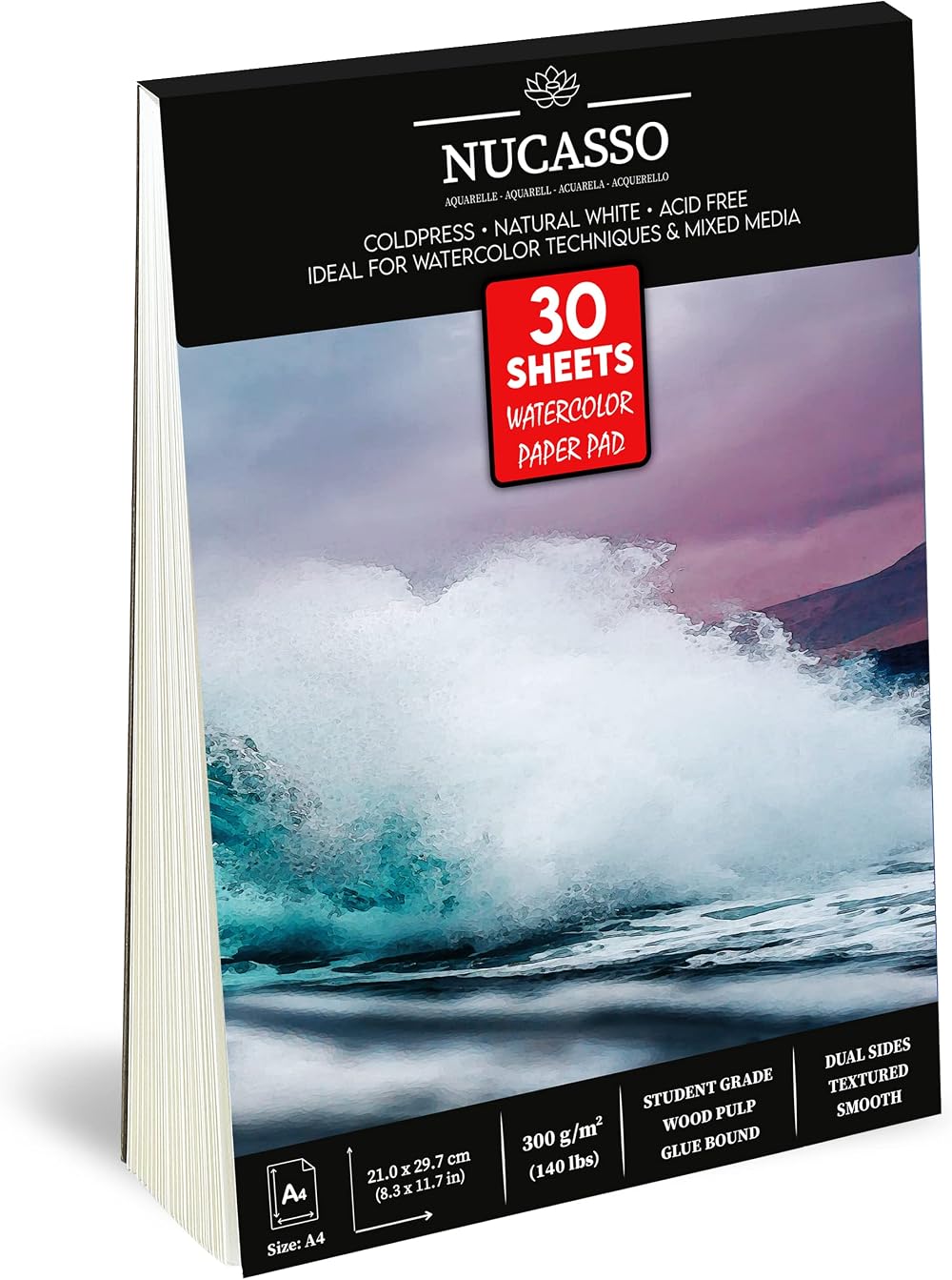 NUCASSO Watercolour Paper Pad A4 30 Sheets 300GSM Cold-Pressed Natural White