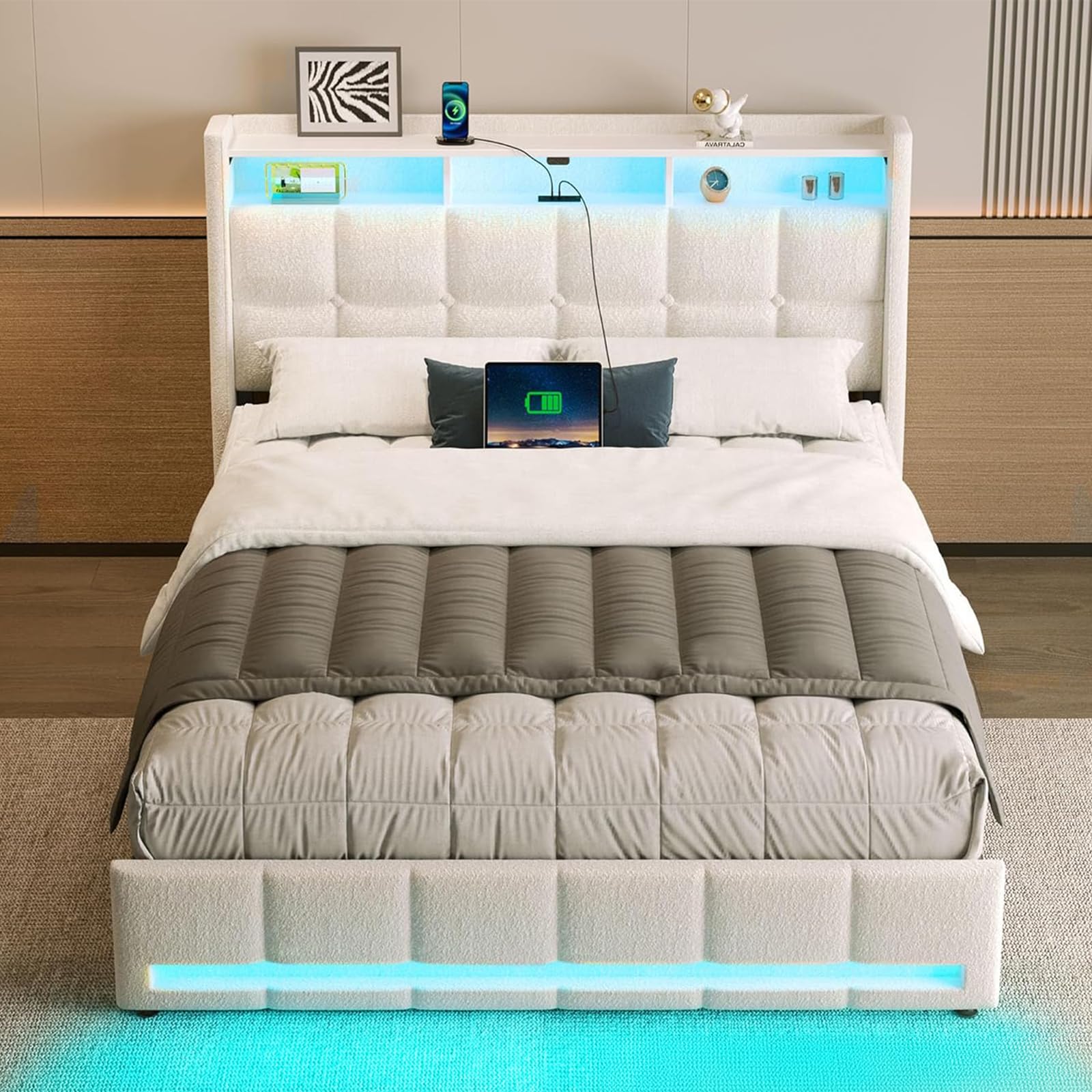 Rolanstar Full Size Bed Frame with LED Lights and Charging Station, Upholstered Headboard with 2-Tier Storage Shelves, Heavy Duty Metal Frame, Noise-Free Support, Easy Assembly, No Box Spring Needed Image