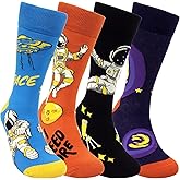 HSELL Mens Fun Patterned Dress Socks Funny Novelty Crazy Design Cotton Socks Gift for Men (4 Pairs - Astronaut)