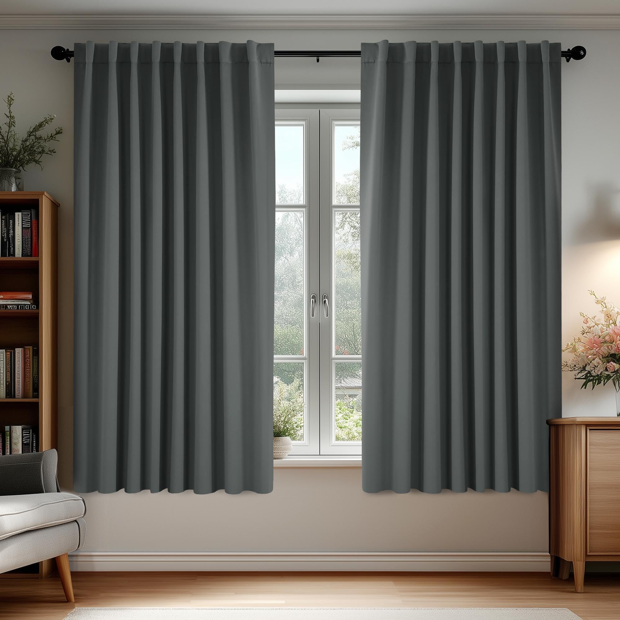 Deconovo Blackout Curtains, Thermal Insulated, W70 x L63 2 Panels, Back Tab, Machine Washable, Room-Darkening Drapes for Bedroom/Living Room Dark Grey Image Deconovo Blackout Curtains, Thermal Insulated, W70 x L63 2 Panels, Back Tab, Machine Washable, Room-Darkening Drapes for Bedroom/Living Room Dark Grey Image