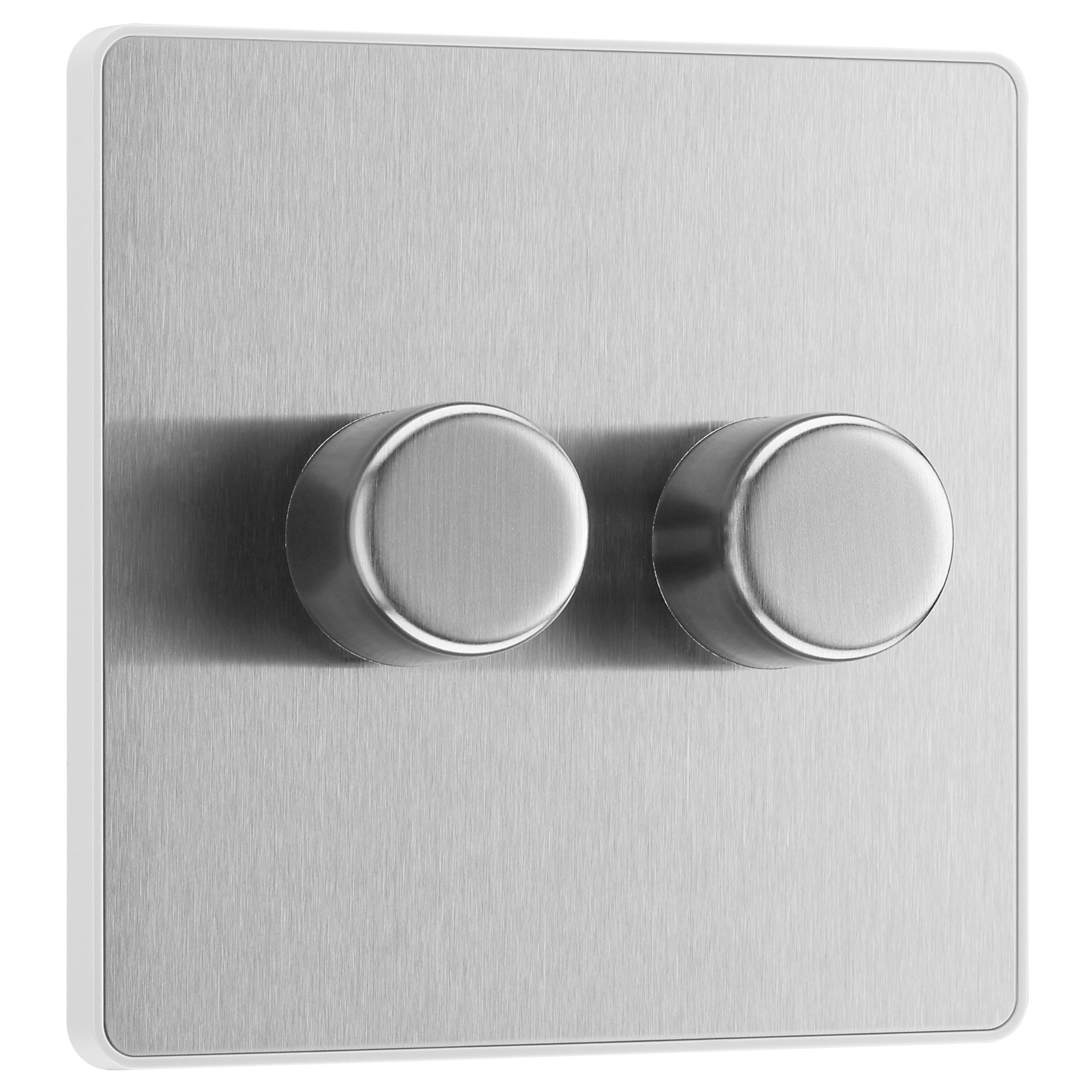 BG Electrical Intelligent Double Wall Dimmer Switch, 2 Way, Screwless Front Plate, Evolve, Brushed Steel, 200W, PCDBS82W