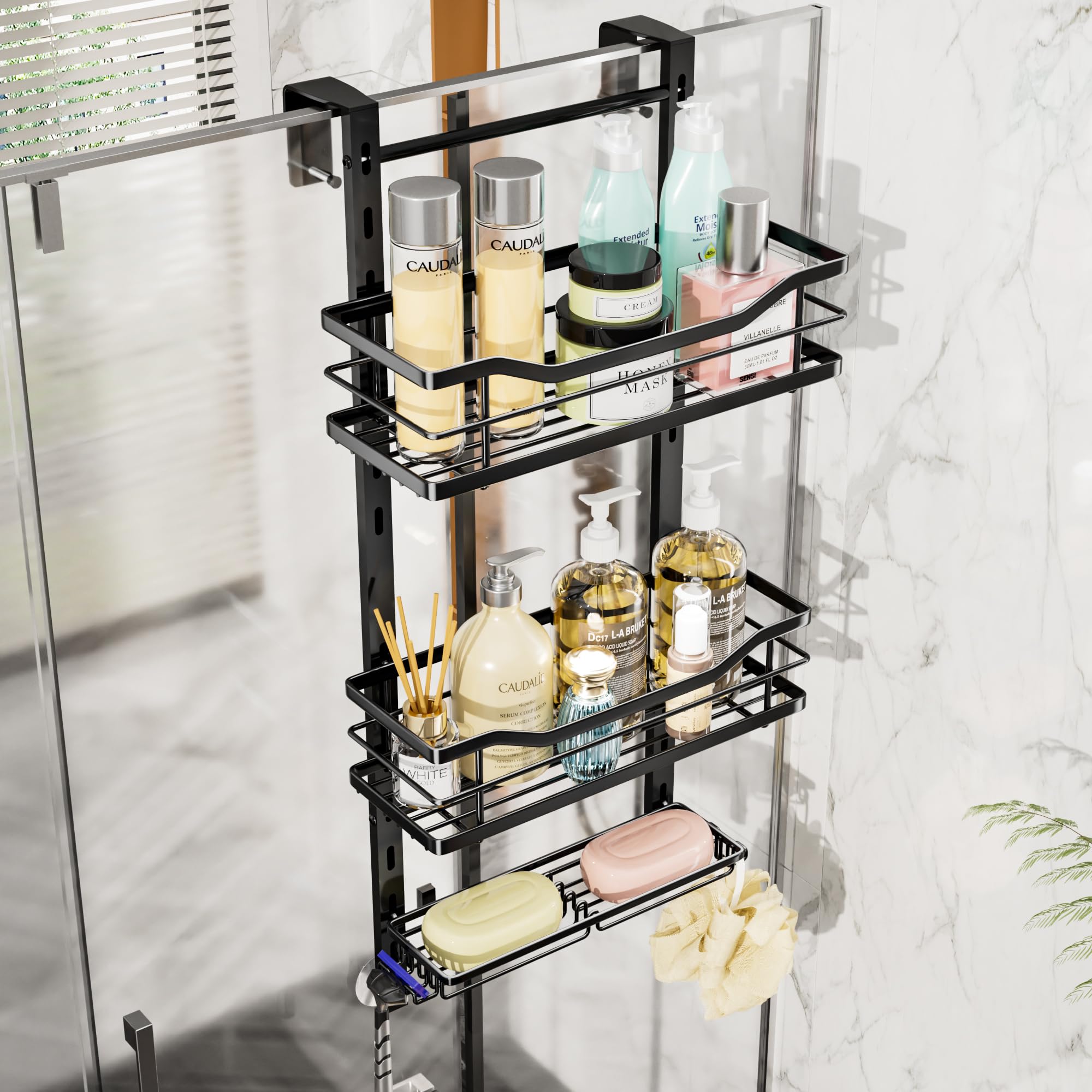 Photo 1 of SWTYMIKI Over the Door Shower Caddy - 3 Tier Adjustable Shower Organizer Hanging with Soap Holder, No Drilling Stainless Steel Bathroom Rack Hanging for Body Wash, Shampoo, Soap, Razor, Black