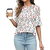 Rapbin Womens 3/4 Length Sleeve Tops Loose Fit Casual Crew Neck Shirts Ruffle Tunic Blouses