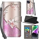 Salanheo Case Wallet for iPhone 15, with [3 Card Slots], Kickstand Magnetic Closure PU Leather Shockproof Protective Flip Cover 6.1", Pink Rose