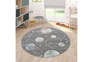 Paco Home Kids Rug Play Rug Space Galaxy for Nursery Planets and Stars in Grey, Size: 5'3" Round