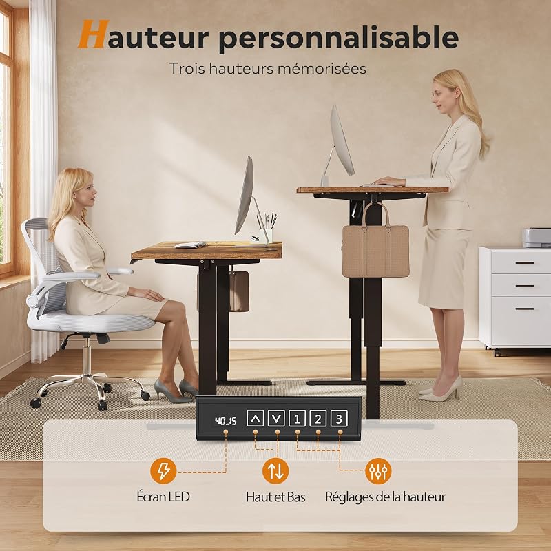 Bureau Assis-Debout Électrique 160 x 70cm, Moteur Silencieux avec 3 Mémoires, Table Ergonomique pour Télétravail et Bureau, Marron
