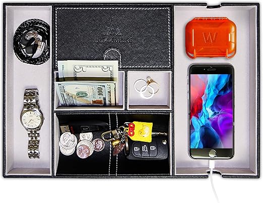Amazon Com Sukkmori Valet Tray Nightstand Organizer Dresser Organizer For Men And Women Edc Leather Key Tray Desk Organizer For Jewelry With Charging Station Bedside Catchall Tray For Accessaries