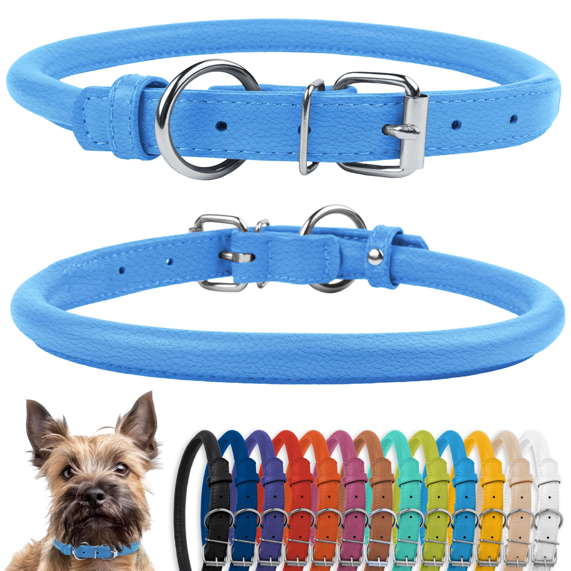 Photo 1 of CollarDirect Rolled Leather Dog Collar, Soft Padded Round Puppy Collar, Handmade Genuine Leather Collar Dog Small Large Cat Collars 13 Colors (8-11 Inch, Light Blue Textured)