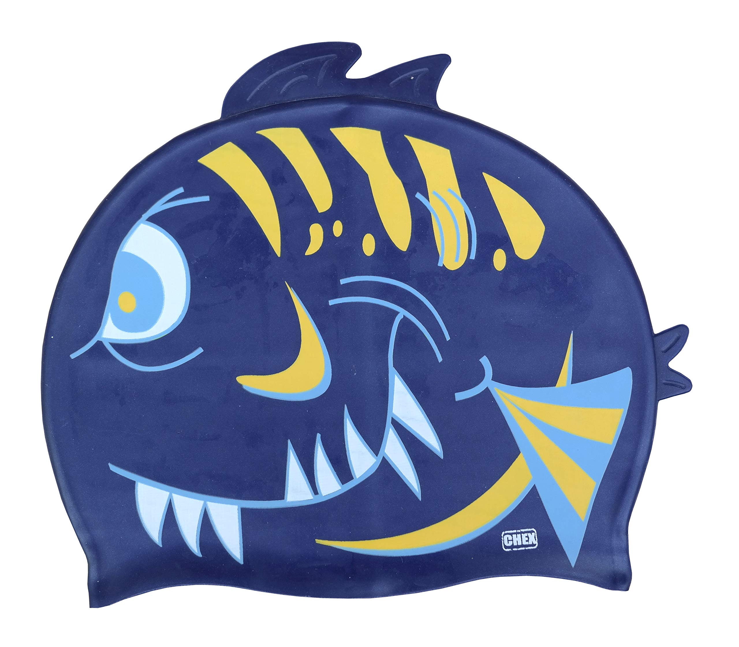 CHEX Stretchy Silicone Unisex Girls Boys 3-7 Years One Piece Swimming Hat Swim Cap Angry Fish Teeth Double Fin Print Design One Size Pull On Swim Hat (Navy Blue)