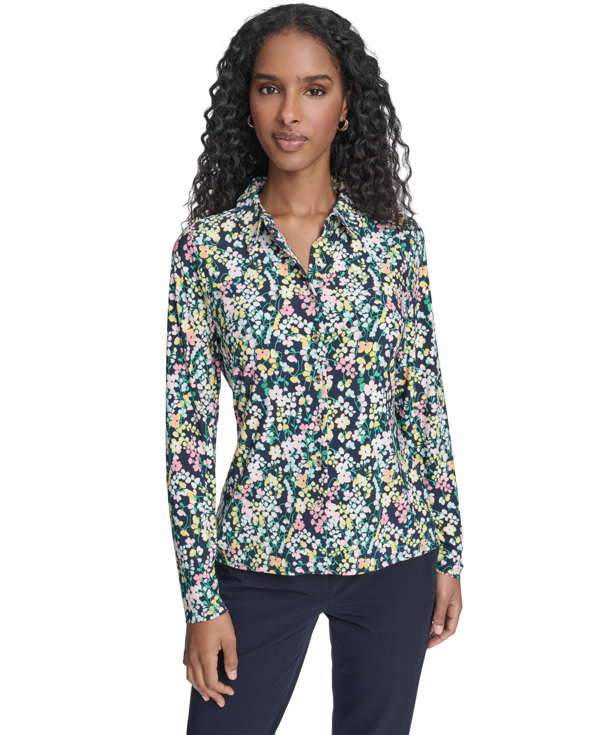 Tommy Hilfiger Women’s Soft Work Top Long Sleeve Knit Top, Midnight Multi, Large