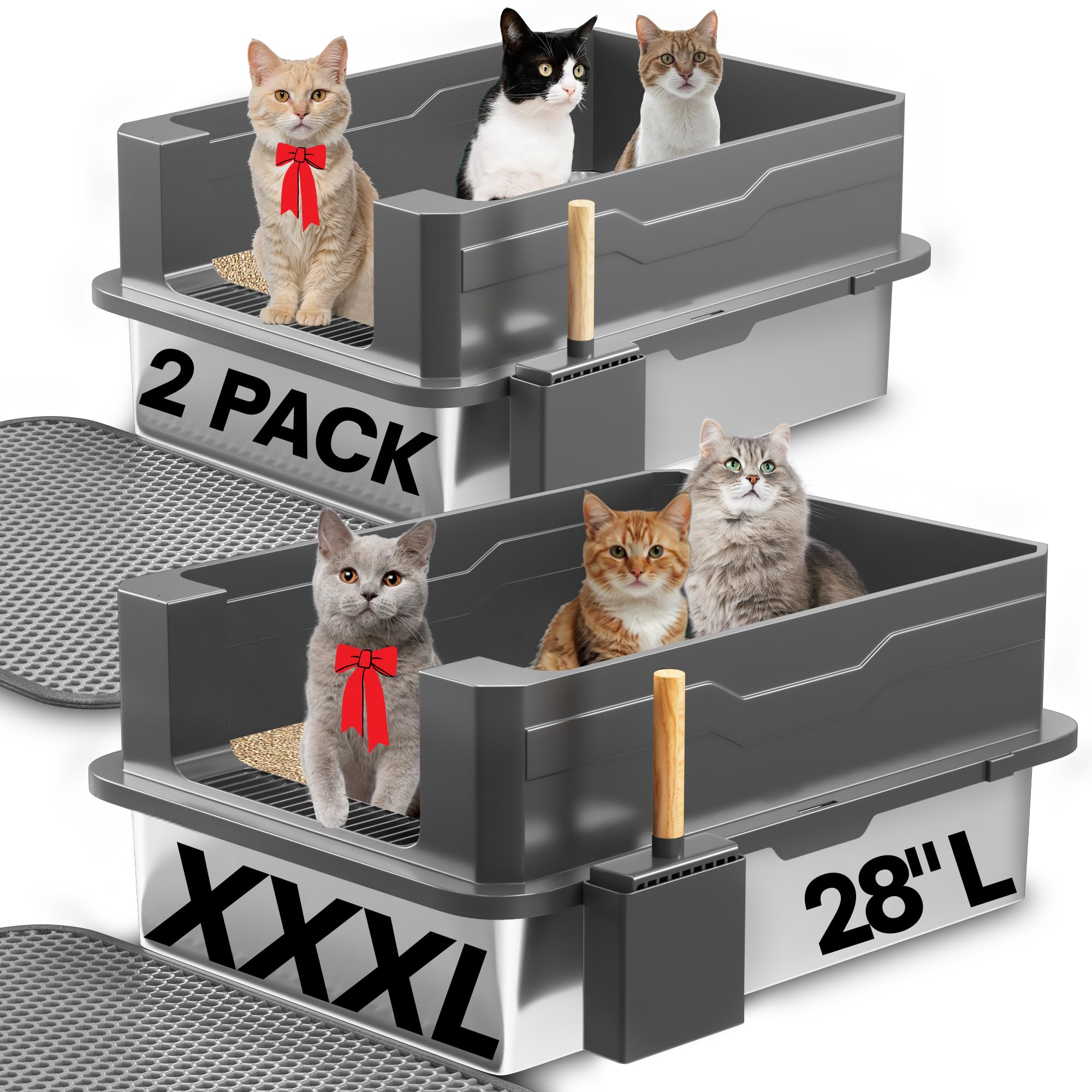 Photo 1 of 2-Pack XXXL Stainless Steel Cat Litter Box – Extra Large 28" L x 20" W with High Sides & Lid, Non-Stick, No Odor, Leak-Proof Metal Boxes for Large & Multiple Cats, Easy to Clean