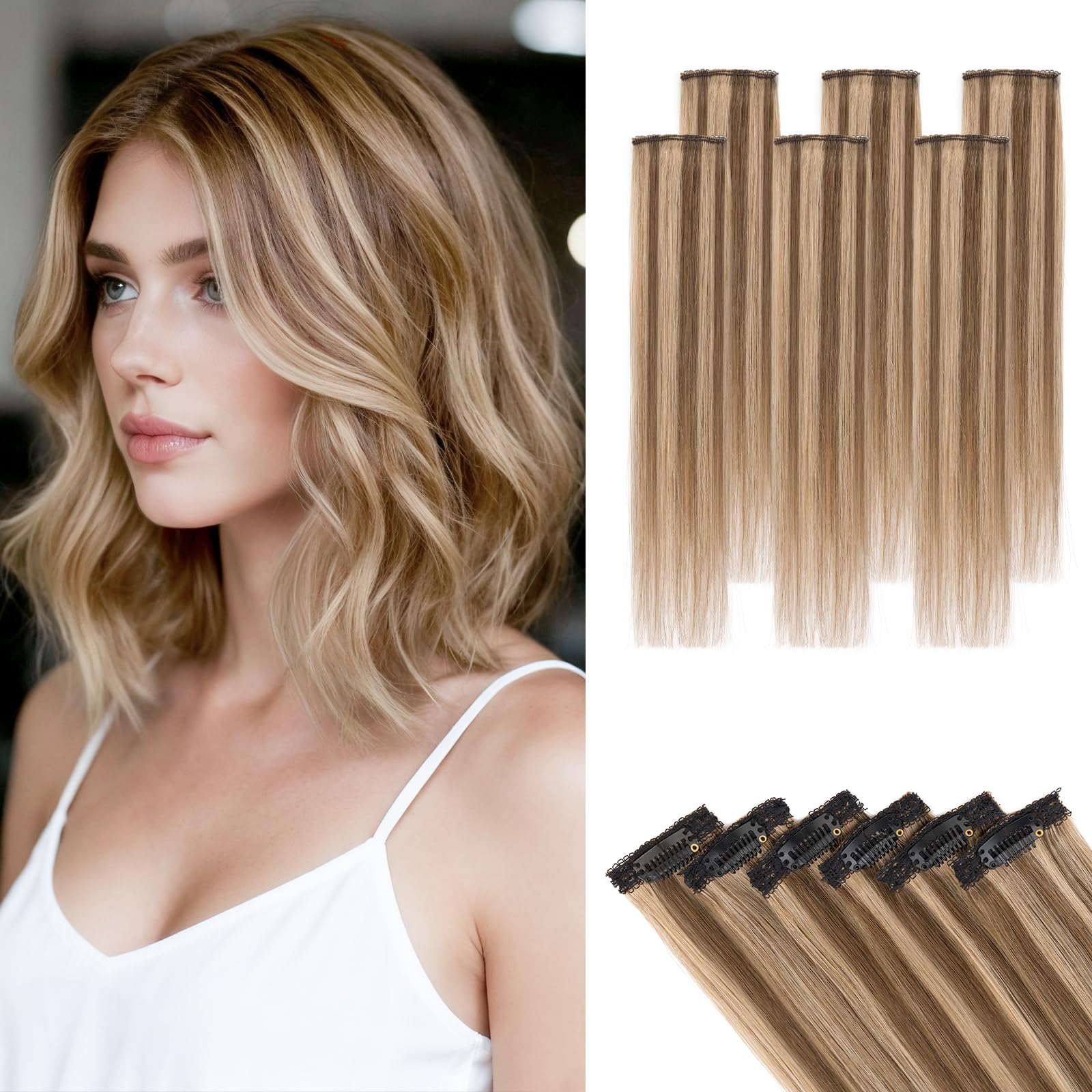 Photo 1 of Short Hair Extensions Clip ins,S-noilite Short Clip in Hair Extensions Real Human Hair,Mini Hairpieces for Add Volume and Highlights,6 Pieces 31g 10 inch Medium Brown Mixed Dark Blonde
