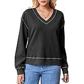 EELOTILE Women's 100% Cotton Retro Sweatshirt V-Neck Long Sleeve Loose Fit Pullover Tops