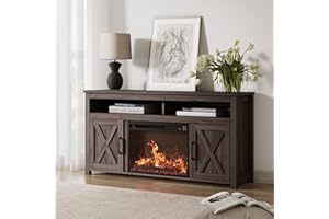 BELLEZE Barn Door Wood Electric Fireplace TV Stand for TVs up to 65 Inches Open Shelves and Cabinets Media Entertainment Center Console Table - Corin (Dark Walnut)