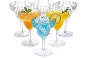 Cididu Set of 6 Acrylic Margarita Glasses, 14 Oz Plastic Stemmed Cocktail Glasses, Clear Ribbed Margarita Glassware Shatterpr